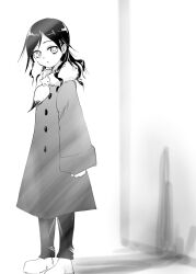  1girl alternate_hairstyle bags_under_eyes boots chestnut_mouth coat commentary_request fur_scarf grey_background greyscale highres kuroki_tomoko long_hair long_sleeves looking_at_viewer monochrome motomiki pants parted_lips shadow sidelocks simple_background solo standing watashi_ga_motenai_no_wa_dou_kangaetemo_omaera_ga_warui! winter_clothes 
