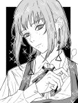  chainsaw_man closed_mouth demon_girl earrings expressionless fami_(chainsaw_man) fourth_east_high_school_uniform gitokuja greyscale holding holding_spoon jewelry looking_at_viewer medium_hair mole mole_under_eye mole_under_mouth monochrome ringed_eyes school_uniform signature simple_background sparkle spoon tassel tassel_earrings 
