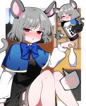 1girl absurdres animal animal_ears black_dress blue_capelet blush capelet closed_eyes dress drooling grey_hair highres holding long_sleeves mouse mouse_ears mouse_tail mouth_drool multiple_views nazrin open_mouth red_eyes short_hair spoken_blush tail touhou you_(noanoamoemoe) 