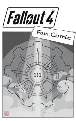  absurdres copyright_name fallout fallout_4 fritzyhoho greyscale highres monochrome no_humans smoke text_focus vault_door 