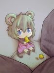  1girl animal_ear_fluff animal_ears bags_under_eyes blue_eyes cheese chibi commentary cookie_(touhou) drddrddo dress eating fake_nyon_(cookie) food full_body grey_hair hair_between_eyes highres holding holding_food long_bangs looking_at_viewer mouse_ears mouse_girl mouse_tail nazrin pink_dress short_hair sitting solo tail touhou 