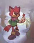  1boy animal_ears animal_nose black_footwear blush closed_mouth commentary cooki_bob english_commentary full_body furry furry_male gloves green_eyes green_jacket highres holding holding_leaf jacket leaf long_sleeves male_focus outdoors protagonist_(the_murder_of_sonic_the_hedgehog) red_scarf scarf shoes smile snow solo sonic_(series) standing the_murder_of_sonic_the_hedgehog tree walking white_gloves winter 