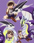  1boy :d backpack bag blush brown_bag brown_eyes brown_footwear brown_hair carrying collared_shirt commentary_request florian_(pokemon) hat highres male_focus miraidon multiple_views necktie open_mouth outline pokemon pokemon_(creature) pokemon_(game) pokemon_sv purple_background purple_necktie purple_shorts rii_(pixiv11152329) shirt shoes short_hair short_sleeves shorts smile socks tongue 