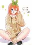  &gt;:) 1girl :q black-framed_eyewear blue_eyes blue_shorts brown_jacket clothes_writing clover collarbone commentary_request crossed_legs double-parted_bangs eyelashes feet_out_of_frame fingernails four-leaf_clover four-leaf_clover_day glasses go-toubun_no_hanayome green_ribbon hair_between_eyes hair_ribbon highres hood hood_down hooded_jacket jacket light_blush looking_at_viewer medium_hair nakano_yotsuba one_eye_closed orange_hair ribbon shoes shorts simple_background sleeves_past_wrists sneakers solo straight_hair ten@_(tenatdam) tongue tongue_out v-shaped_eyebrows white_background 