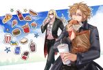  2boys black_jacket black_nails black_pants blonde_hair blue_sky burger can candy chocolate clouds cloudy_sky cola command_spell cookie cup cupcake daybit_sem_void disposable_cup drink drinking drinking_straw eating fate/grand_order fate_(series) food hair_between_eyes hand_in_pocket highres holding holding_food hot_dog ice_cream jacket jewelry ketchup long_hair long_sleeves looking_at_viewer male_focus masaki-rt meat medallion milkshake multiple_boys necklace open_clothes open_jacket orange-tinted_eyewear pants pizza sandwich sesame_seeds shirt short_hair sky soda soda_can star_(symbol) sunglasses tezcatlipoca_(fate) tinted_eyewear trench_coat violet_eyes walking white_shirt wrapper 