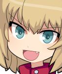  1girl :d blonde_hair blue_eyes blush commentary_request fang girls_und_panzer hospital_king katyusha_(girls_und_panzer) looking_at_viewer medium_bangs open_mouth portrait short_hair simple_background smile solo v-shaped_eyebrows white_background 