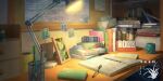  artist_logo book book_stack clock coffee_mug cup desk desk_lamp digital_clock indoors lamp mug no_humans original pen pencil scenery sticky_note tissue_box toy xingzhi_lv 