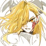  1girl angry blonde_hair d4g0n dragon_horns facial_mark fate/grand_order fate_(series) hair_over_one_eye highres horns long_hair looking_at_viewer nero_claudius_(fate) queen_draco_(fate) queen_draco_(third_ascension)_(fate) shirt simple_background sketch solo upper_body wavy_hair white_background white_shirt yellow_eyes 