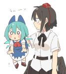  2girls :d ankle_socks arm_at_side belt bird_wings black_belt black_bow black_bowtie black_ribbon black_skirt black_wings blue_bow blue_dress blue_hair blue_wings blush_stickers bob_cut bow bowtie brown_footwear carrying carrying_person cirno citrus_(place) closed_mouth collared_shirt commentary_request detached_wings dot_nose dress empty_eyes feathered_wings full_body furrowed_brow hair_between_eyes hair_bow hat highres lifting_person looking_at_another looking_at_viewer looking_to_the_side low_wings mary_janes mini_person minigirl motion_lines multiple_girls neck_ribbon open_hands parted_lips pinafore_dress pleated_skirt pointy_ears profile puffy_short_sleeves puffy_sleeves red_bow red_bowtie red_headwear red_ribbon ribbon sanpaku shameimaru_aya shirt shoes short_hair short_sleeves simple_background size_difference skirt sleeveless sleeveless_dress smile socks tokin_hat touhou translation_request upper_body v-shaped_eyebrows white_background white_shirt white_socks wide-eyed wing_collar wings 