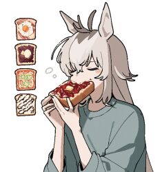  1girl ahoge animal_ears bacon bread bread_slice butter closed_eyes commentary_request eating egg food food_in_mouth grey_hair grey_shirt hair_between_eyes highres horse_ears horse_girl jam long_hair long_sleeves mouth_hold multicolored_hair oguri_cap_(umamusume) oromnt shirt solo toast toast_in_mouth umamusume 