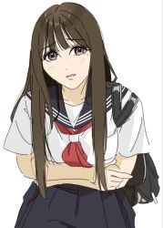  1girl animification bag black_bag black_skirt blue_sailor_collar blush brown_eyes brown_hair commentary_request hanamiya_nina highres llkapital long_hair long_sidelocks looking_at_viewer mole mole_under_eye neckerchief open_mouth pleated_skirt real_life red_neckerchief sailor_collar school_bag school_uniform serafuku short_sleeves sidelocks skirt solo voice_actor 