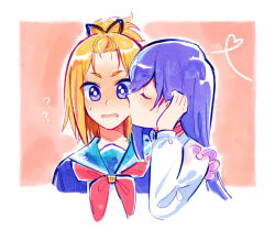  2girls ? ?? ange_(angeban93) blonde_hair blue_sailor_collar blush border closed_eyes flip_flappers highres kiss kissing_cheek long_hair long_sleeves mimi_(flip_flappers) multiple_girls neckerchief open_mouth purple_hair red_neckerchief sailor_collar violet_eyes white_border yayaka yuri 