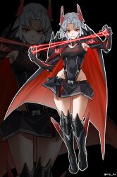  1girl armored_boots armored_leotard black_gloves black_leotard black_skirt boots covered_navel drake_(nikke) full_body gloves goddess_of_victory:_nikke highleg highleg_leotard highres leotard leotard_under_clothes ong_doi parted_bangs red_eyes short_hair sidelocks skirt solo thighs white_hair 
