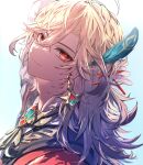  1boy arm_behind_head arm_up artist_name backlighting blonde_hair braid cape closed_mouth commentary_request earrings eyelashes feather_hair_ornament feathers genshin_impact gradient_background hair_between_eyes hair_ornament highres jewelry kaveh_(genshin_impact) long_hair long_sleeves looking_at_viewer looking_to_the_side male_focus necklace non_koto27 parted_bangs red_cape red_eyes shirt sidelocks simple_background single_braid smile solo twitter_username upper_body white_shirt 