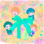  4boys :3 bibibimix39 black_hair black_shirt blonde_hair blue_eyes blue_pants blush bow chibi christmas closed_eyes closed_mouth colorful expressionless gift given green_bow kashima_hiiragi_(given) light_smile male_focus multicolored_background multiple_boys open_mouth pants shirt short_hair short_sleeves smile snowflake_background uenoyama_ritsuka yagi_shizusumi_(given) yellow_background yellow_shirt yoshida_yuki_(given) 