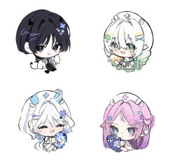  1boy 3girls :< ahoge alternate_costume alternate_hairstyle angel_wings ankle_strap apron black_hair black_necktie black_pants black_shoes black_tail blue_eyes blue_shirt blunt_ends blush bow braid bright_pupils chibi chibi_only citlali_(genshin_impact) closed_eyes closed_mouth clover_hair_ornament coat collared_shirt colored_tips contemporary cosplay cowlick creature cross cross-shaped_pupils cross_print crossed_bangs demon_tail doctor dress eyelashes facial_mark facing_another forehead_mark frilled_apron frills furina_(genshin_impact) genshin_impact gimmunyag gradient_hair green_dress green_eyes green_hair green_sleeves hair_between_eyes hair_bow hair_intakes hair_ornament hairclip hat heart heart_hair_ornament highres holding holding_creature holding_stuffed_toy holding_syringe itzpapa_(genshin_impact) lab_coat large_forehead large_syringe legs_together legwear_garter long_hair looking_at_viewer low_twin_braids medium_dress multicolored_hair multiple_girls nahida_(genshin_impact) necktie nurse nurse_cap open_clothes open_coat open_mouth oversized_object pants parted_bangs parted_lips pill_hair_ornament pink_hair pointy_ears scaramouche_(genshin_impact) shirt shoes short_dress side_braid sitting sleeves_past_fingers sleeves_past_wrists smirk stuffed_toy suit_pants surintendante_chevalmarin symbol-shaped_pupils syringe tail triangle triangle_facial_mark tsurime twin_braids undershirt very_long_hair violet_eyes waist_apron white_background white_bow white_coat white_dress white_hair white_hat white_mouth white_pupils white_shoes white_sleeves white_wings white_wrist_cuffs wing_hair_ornament wings wispy_bangs wrist_cuffs yokozuwari 