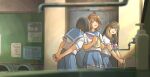  3girls :d black_hair blue_sailor_collar blue_skirt blush brown_hair faucet fuyuhino hibike!_euphonium hisaishi_kanade holding kitauji_high_school_uniform kuroe_mayu looking_at_another multiple_girls neckerchief oumae_kumiko pleated_skirt poster_(object) sailor_collar school_uniform short_hair skirt smile soap_bottle sweatdrop washing_hands water 