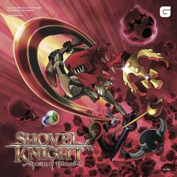  1boy album_cover anchor ariga_hitoshi armor armored_boots black_gloves boots cape chain claws commentary_request copyright_name cover crown fake_horns full_armor glint gloves helmet highres holding holding_scythe hood hood_up hooded_cape horned_helmet horns male_focus midair mole official_art potion rapier red_cape red_theme scythe shovel_knight skull solo specter_knight sword torn_cape torn_clothes two-handed unworn_headwear unworn_helmet vambraces visor_(armor) weapon wrench 