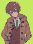  1boy arms_behind_back blue_eyes brown_hair brown_jacket brown_vest closed_mouth collared_shirt green_necktie highres hood hood_down jacket looking_at_viewer mahoutsukai_no_yakusoku male_focus mitile_flores necktie piza-chan shirt short_hair smile solo vest white_shirt 