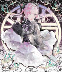  1girl anyoji_hime black_shirt black_shoes braid braided_twintails breasts bun_cover chinese_clothes commentary_request double_bun flower_knot frilled_sleeves frills full_body hair_bun hasu_no_sora_pop_up_shop_china_collection highres long_sleeves looking_at_viewer love_live! love_live!_hasu_no_sora_jogakuin_school_idol_club medium_breasts miniskirt open_mouth pink_hair shirt shoes skirt sleeves_past_fingers sleeves_past_wrists solo tassel thigh-highs twin_braids virtual_youtuber white_skirt white_thighhighs wide_sleeves yoruneko_yashiro 