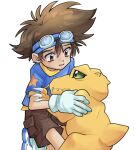  brown_shorts digimon digimon_(creature) digimon_adventure fangs gelato_ss1 gloves goggles goggles_on_head green_eyes hug shorts simple_background star_(symbol) white_background white_footwear white_gloves yagami_taichi 