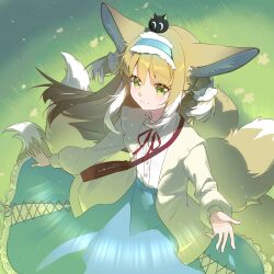  1girl animal_ear_fluff animal_ears arknights blonde_hair blue_hairband cardigan closed_mouth commentary cowboy_shot creature_on_head cross-laced_clothes cross-laced_skirt fox_ears fox_girl fox_tail frilled_hairband frills grass green_eyes hairband heixiu highres kitsune long_hair long_sleeves multiple_tails neck_ribbon official_alternate_costume open_cardigan open_clothes outdoors red_ribbon ribbon shirt skirt smile solo suzuran_(arknights) suzuran_(spring_praise)_(arknights) tail the_legend_of_luo_xiaohei untranslatable_commentary white_shirt yellow_cardigan yongwuzhijingdeshijie 