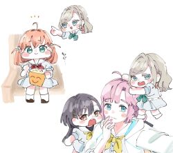  4girls ahoge anyoji_hime aqua_eyes black_hair black_ribbon blue_eyes ceras_yanagida_lilienfeld chibi commentary dress green_neckerchief grey_hair hair_ornament hair_ribbon hasu_no_sora_school_uniform highres hinoshita_kaho jellyfish_cut katsuragi_izumi long_hair love_live! love_live!_hasu_no_sora_jogakuin_school_idol_club medium_hair moso_(expect66) multi-tied_hair multiple_girls multiple_views neckerchief nirei_nozomi open_mouth orange_hair pink_hair pointing pointing_at_another ponytail rabbit_hair_ornament red_neckerchief ribbon sailor_collar sailor_dress school_uniform selfie short_sleeves simple_background sitting summer_uniform triangle_hair_ornament two_side_up untranslatable_commentary virtual_youtuber voice_actor_connection white_background white_dress white_sailor_collar yellow_neckerchief 