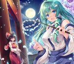  2girls ascot bare_shoulders black_hair blue_eyes blue_skirt blush bow brown_eyes closed_mouth detached_sleeves frilled_skirt frills frog_hair_ornament full_moon gohei green_hair hair_bow hair_ornament hair_tubes hakurei_reimu holding holding_gohei japanese_clothes kochiya_sanae long_hair masa_(miyabitei) moon multiple_girls nontraditional_miko open_mouth red_bow red_skirt ribbon-trimmed_sleeves ribbon_trim sidelocks skirt smile snake_hair_ornament torii touhou white_sleeves wide_sleeves yellow_ascot 