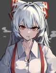  1girl amazaki_ria bow buttons cigarette collared_shirt fujiwara_no_mokou grey_background grey_hair hair_bow highres long_hair looking_at_viewer red_eyes shirt simple_background smoking solo suspenders touhou upper_body white_bow white_shirt 
