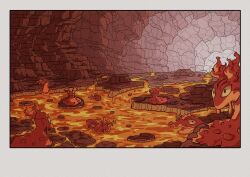  absurdres cave cave_interior colored_sclera fire highres lava no_humans onamuzi_illust pokemon pokemon_(creature) pokemon_focus slugma yellow_eyes yellow_sclera 
