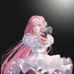 1girl braid crying crying_with_eyes_open detached_sleeves dorothy_(nikke) dress frilled_dress frills game_cg gun hair_bun holding holding_gun holding_weapon layered_dress long_hair long_sleeves non-web_source off-shoulder_dress off_shoulder official_art pink_hair puffy_long_sleeves puffy_sleeves short_dress simple_background standing tears third-party_source very_long_hair violet_eyes wavy_hair weapon white_dress 