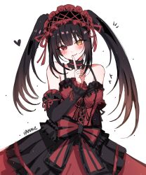  1girl artist_name bare_shoulders black_hair blush chinese_commentary choker clock_eyes cowboy_shot date_a_live dress finger_to_mouth frilled_choker frilled_dress frills hairband hannie_(hanreiei) heart heterochromia highres light_smile lolita_fashion lolita_hairband long_hair looking_at_viewer red_eyes solo symbol-shaped_pupils tokisaki_kurumi tokisaki_kurumi_(spirit) twintails uneven_twintails white_background yellow_eyes 