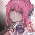  1girl attempted_suicide braid crying crying_with_eyes_open detached_sleeves dorothy_(nikke) dress game_cg goddess_of_victory:_nikke gun hair_bun holding holding_gun holding_weapon long_hair long_sleeves non-web_source off-shoulder_dress off_shoulder official_art pink_hair simple_background spoilers tears third-party_source very_long_hair violet_eyes wavy_hair weapon white_dress 