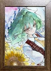  1girl ascot calpis118 closed_mouth collared_shirt commentary_request flower green_hair highres holding holding_umbrella kazami_yuuka long_sleeves looking_at_viewer medium_hair open_clothes open_vest pink_umbrella plaid_clothes plaid_vest red_eyes red_vest shirt smile solo sunflower touhou traditional_media umbrella vest white_shirt yellow_ascot yellow_flower 