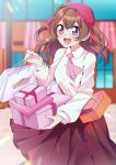 1girl :d absurdres ascot beret black_skirt blurry blurry_background box brown_hair casual collared_shirt commentary day delicious_party_precure depth_of_field gift gift_bag gift_box hair_ribbon hat highres holding holding_gift long_sleeves looking_at_viewer looking_to_the_side medium_hair medium_skirt mitsuki_tayura nagomi_yui open_mouth outdoors pink_ascot pleated_skirt precure purple_headwear purple_ribbon ribbon shirt skirt smile solo standing two_side_up violet_eyes white_shirt wing_collar