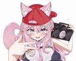  1girl animal_ear_fluff animal_ears baseball_cap blush boombox braid braided_bun chemical_structure embarrassed fang from_above hair_bun hair_ornament hakui_koyori hat highres holding_boombox hololive long_hair looking_at_viewer necktie nose_blush open_mouth pink_hair pink_nails pink_necktie pocket_watch shirt signature simple_background sleeveless sleeveless_shirt smile solo sweatdrop tail takion upper_body violet_eyes virtual_youtuber w watch white_background white_shirt wolf_ears wolf_girl wolf_tail 