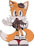  1boy animal_ears animal_nose blue_eyes body_fur brown_capelet brown_headwear capelet digimin fedora fox_boy fox_ears fox_tail full_body furry furry_male gloves hands_up hat looking_at_viewer male_child male_focus mini_hat multiple_tails non-web_source official_art open_mouth plaid_capelet red_footwear shoes simple_background socks solo sonic_(series) standing tail tails_(sonic) the_murder_of_sonic_the_hedgehog transparent_background two-tone_fur two_tails white_fur white_gloves white_socks yellow_fur 