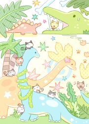  alligator animal animal_focus cat commentary crocodilian dinosaur flower heisei_retro hibiscus highres leaf musical_note no_humans original outdoors palm_tree paw_print polka_dot sharp_teeth spiral stegosaurus summernight_12 teeth tree untranslatable_commentary yume_kawaii 