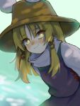  1girl blonde_hair blush brown_headwear closed_mouth commentary_request diamond-shaped_pupils diamond_(shape) highres leaning_forward long_hair looking_at_viewer moriya_suwako purple_skirt purple_vest skirt smile solo suzumin symbol-shaped_pupils touhou turtleneck upper_body vest yellow_eyes 