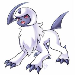  absol animal_focus asymmetrical_horns body_fur bright_pupils claws commentary fangs fluffy full_body horns mane miy_001 neck_fur no_humans open_mouth pokemon pokemon_(creature) pokemon_focus red_eyes signature simple_background single_horn solo standing tail uneven_horns white_background white_fur white_pupils 
