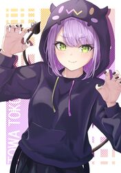  1girl absurdres alternate_costume bibi_(tokoyami_towa) black_hoodie black_nails character_name claw_pose demon_girl demon_tail drawstring fang green_eyes highres hololive hood hoodie light_blush looking_at_viewer medium_hair piccolo_(gvgk8874) purple_hair skin_fang smile solo tail tokoyami_towa upper_body v-shaped_eyebrows virtual_youtuber 