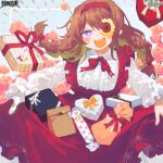  1girl :d blue_eyes blush bow box braid dairoku_ryouhei dress flower flower_over_eye gift gloves hairband heart-shaped_box himawari_asanuma holding long_hair long_sleeves potg_(piotegu) red_bow red_dress red_hairband single_glove skirt_hold smile solo twin_braids white_gloves 