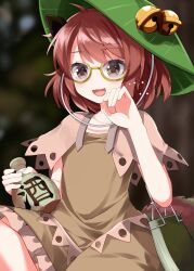  1girl :3 animal_ears bell blurry blush bottle brown_capelet brown_eyes brown_hair brown_shirt brown_skirt capelet commentary_request depth_of_field futatsuiwa_mamizou glasses green_hat hat hat_bell highres holding holding_bottle jingle_bell medium_hair notepad open_mouth raccoon_ears raccoon_girl raccoon_tail round_eyewear ruu_(tksymkw) sake_bottle semi-rimless_eyewear shirt skirt smile solo tail touhou translation_request under-rim_eyewear yellow-framed_eyewear 