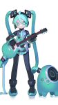  1girl absurdres ahoge amplifier android aqua_eyes aqua_hair aqua_necktie black_leggings black_skirt boots bright_pupils cable cheri_zao chromatic_aberration collared_shirt commentary detached_sleeves electric_guitar full_body guitar hatsune_miku hatsune_miku_(vocaloid3) headphones highres holding holding_instrument instrument leggings mechanical_parts necktie number_tattoo pleated_skirt see-through see-through_sleeves shirt simple_background skirt solo standing tattoo twintails vocaloid white_background white_pupils 