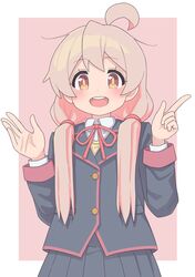  1girl :d absurdres ahoge black_jacket black_skirt border brown_eyes buttons commentary grey_hair hair_between_eyes hair_over_shoulder hands_up highres index_finger_raised jacket long_hair long_sleeves looking_at_viewer low_twintails neck_ribbon onii-chan_wa_oshimai! open_mouth outside_border oyama_mahiro pink_background pink_hair pleated_skirt red_ribbon ribbon round_teeth rundraw school_uniform simple_background skirt smile teeth twintails upper_teeth_only white_border wing_collar 