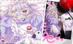 1girl 1other absurdres animal_ears apron bandaid bandaid_hair_ornament candy cat_ears chosmahe eyepatch food frilled_straps hair_between_eyes hair_ornament henya_the_genius henya_the_genius_(jersey_maid) highres indie_virtual_youtuber jersey_maid lollipop long_bangs long_hair looking_at_viewer lying maid maid_apron maid_headdress on_back purple_hair purple_track_suit shirt smile track_suit unconventional_maid virtual_youtuber white_shirt x_hair_ornament yellow_eyes 
