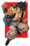  1boy absurdres arm_up artist_name baggy_pants biceps black_eyes black_footwear black_hair black_vest black_wristband blue_sash boots clenched_hand closed_mouth collarbone dragon_ball dragon_ball_super fingernails full_body gogeta grey_pants hand_up highres male_focus metamoran_vest muscular muscular_male open_clothes open_vest pants pectorals red_background relio_db318 sash simple_background smile smirk solo spiky_hair torn_clothes torn_pants twitter_username two-tone_background v-shaped_eyebrows veins vest white_background wristband 