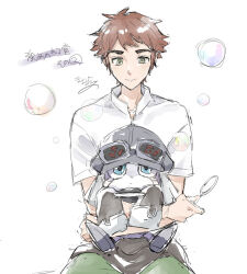  1boy blue_eyes blue_skin bubble collared_shirt colored_skin digimon digimon_universe:_appli_monsters goggles goggles_on_headwear green_eyes green_pants hat kyomueno long_sleeves looking_at_another multicolored_skin offmon oversized_clothes ozora_yujin pants red_hair shirt simple_background soap_bubbles two-tone_skin white_background white_shirt white_skin 