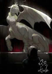  1other absurdres ambiguous_gender arknights centauroid doctor_(arknights) full_body gargoyle highres hood medium_hair moss neck_tuft owlwy_(owl_roi) questioning_statue_(arknights) signature statue tail taur wings 