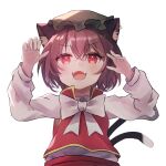  1girl animal_ears ar_(maeus) blush brown_hair cat_ears cat_tail chen green_headwear hat long_sleeves mob_cap multiple_tails open_mouth red_eyes red_skirt red_vest shirt short_hair simple_background skirt smile solo tail touhou two_tails upper_body vest white_background white_shirt 